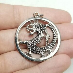 Vintage Dragon Circle Shape Pendant, Silver Tone, Four Toe, Unisex Estate